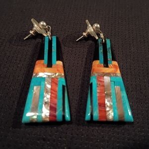 Vintage Native American Santo Domingo Pueblo Kewa Mosaic Inlay Earrings.